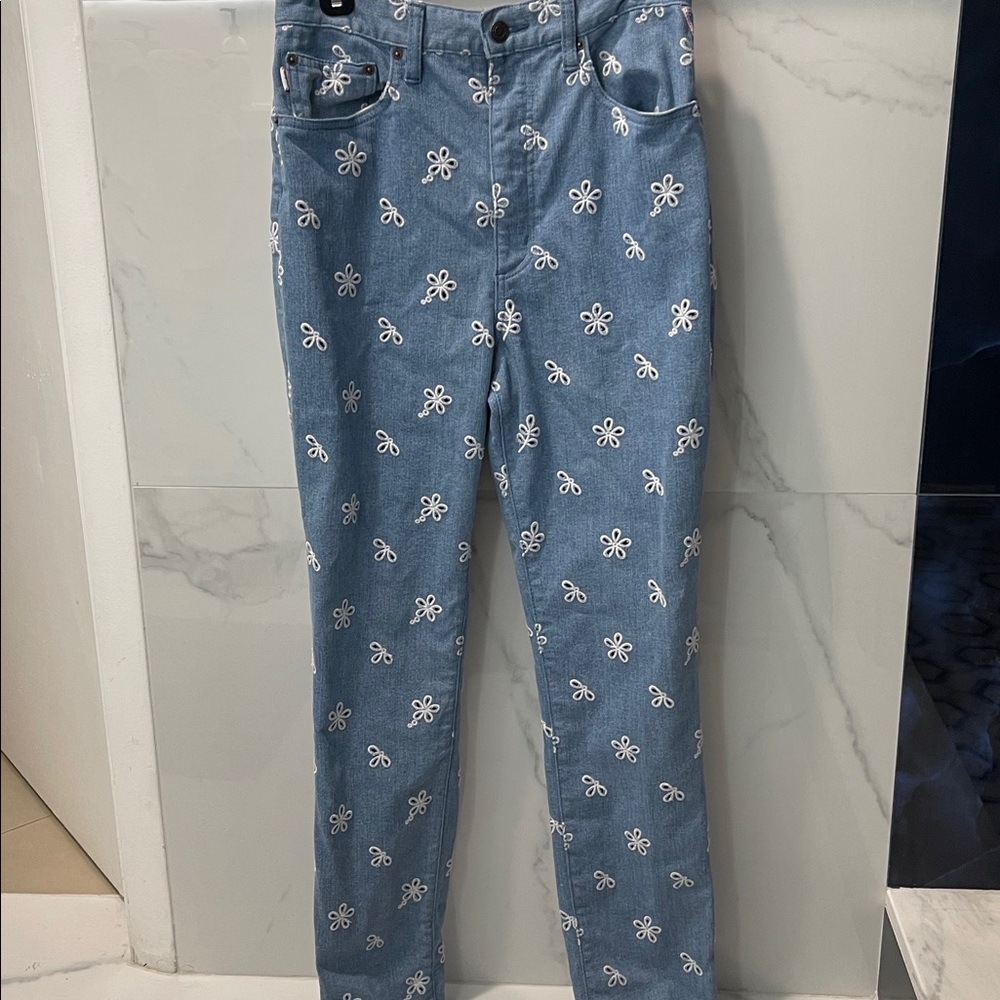 Marc Jacobs Blue Straight Leg Pants with White Floral Pattern
